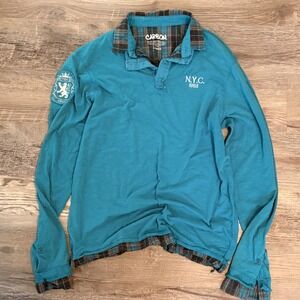 CARBON Mens Long Sleeve Rugby Polo Shirt Blue NYC 1983 Patch Plaid Collar Size L